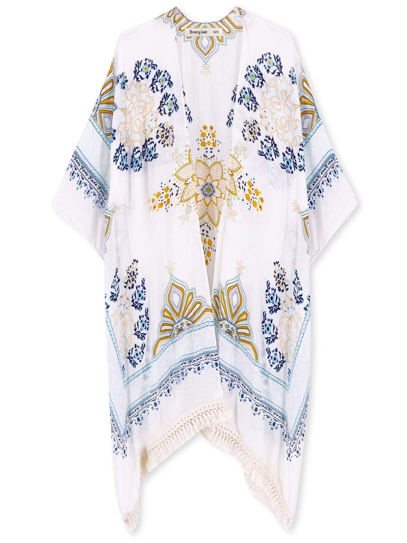 Breezy Lane White Kimonos for Women Swimsuit Coverup Beach Cardigans with Tassel Fringe Floral Print for Summer Vacation - Image 2